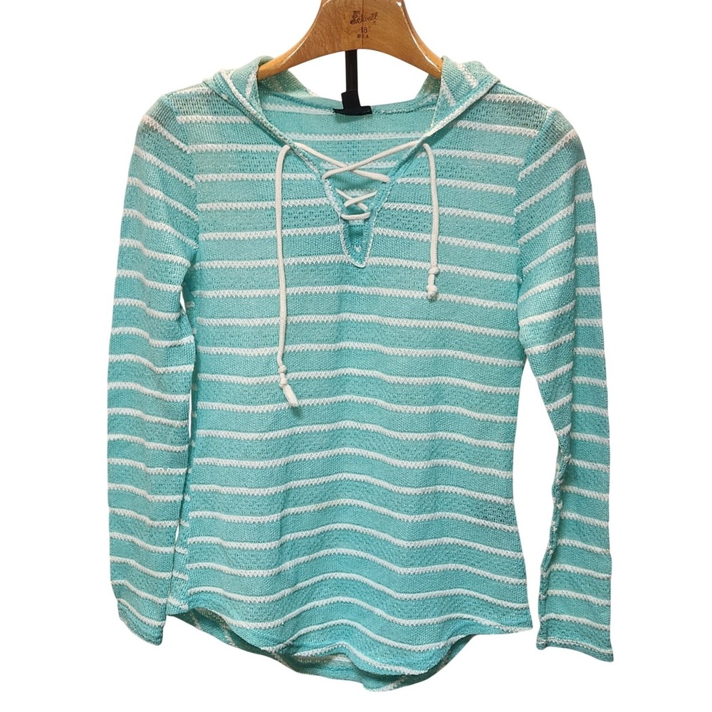 Joe Boxer Sea Foam Green & White Striped Lace Up Knit Hoodie Top Large